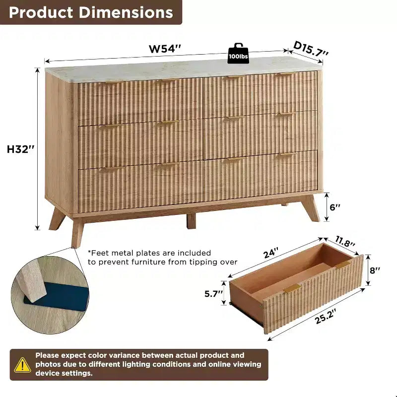 Commode à 6 tiroirs cannelée pour chambre à coucher, commode moderne avec poignées en métal, profil incurvé, organisateur de rangement en bois