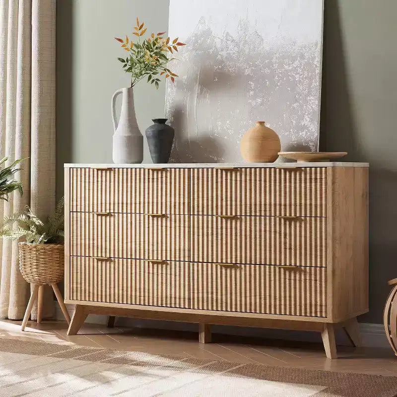 Commode à 6 tiroirs cannelée pour chambre à coucher, commode moderne avec poignées en métal, profil incurvé, organisateur de rangement en bois