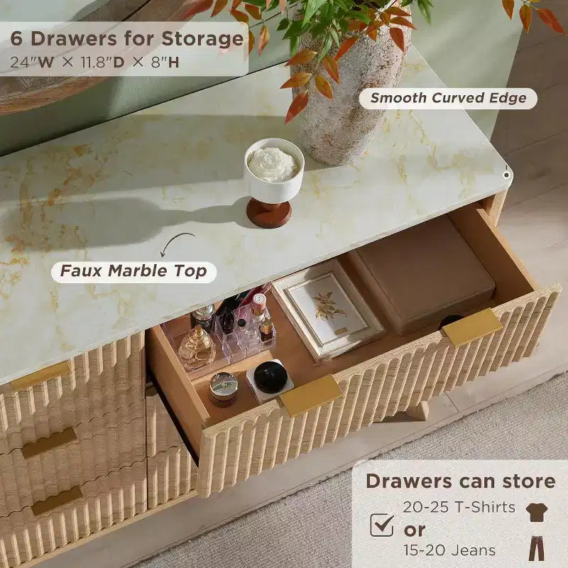 Commode à 6 tiroirs cannelée pour chambre à coucher, commode moderne avec poignées en métal, profil incurvé, organisateur de rangement en bois