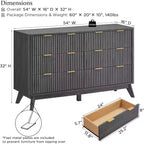Commode à 6 tiroirs cannelée pour chambre à coucher, commode moderne avec poignées en métal, profil incurvé, organisateur de rangement en bois