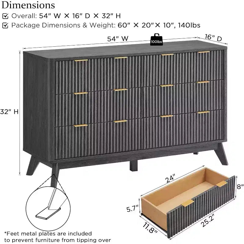 Commode à 6 tiroirs cannelée pour chambre à coucher, commode moderne avec poignées en métal, profil incurvé, organisateur de rangement en bois