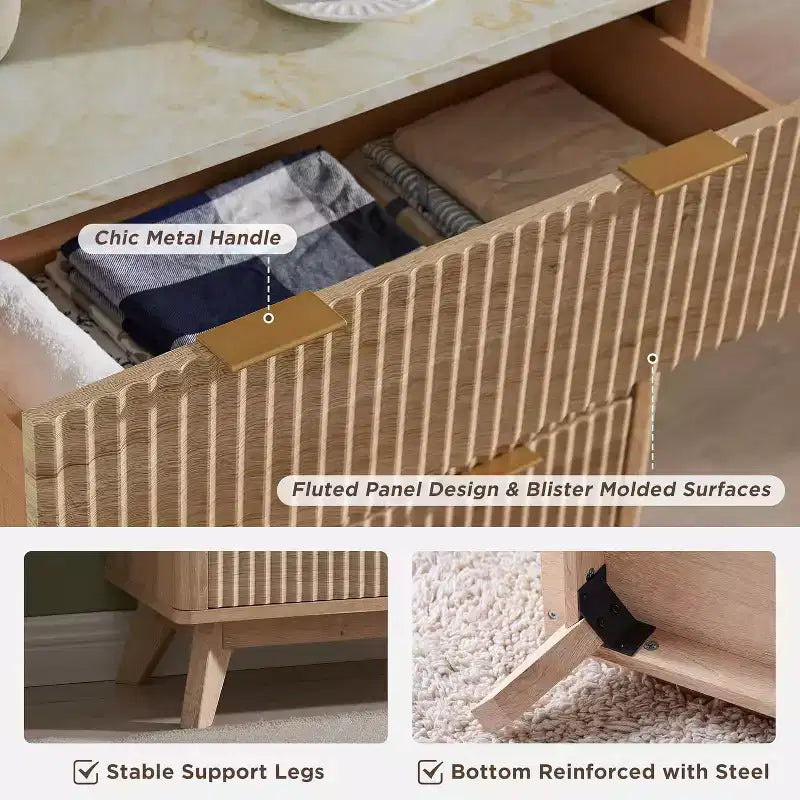 Commode à 6 tiroirs cannelée pour chambre à coucher, commode moderne avec poignées en métal, profil incurvé, organisateur de rangement en bois