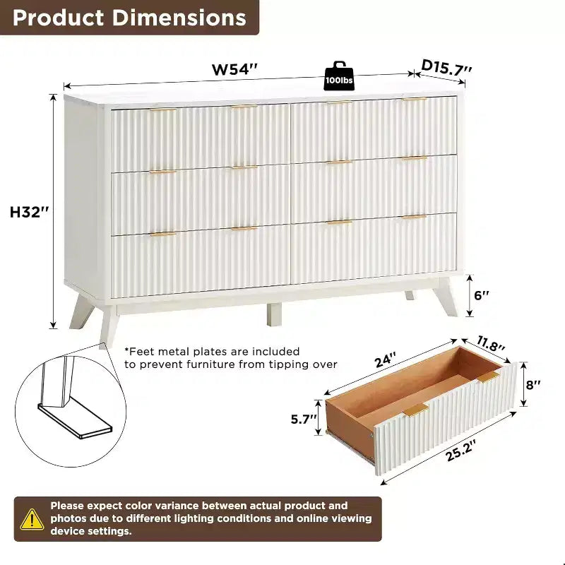 Commode à 6 tiroirs cannelée pour chambre à coucher, commode moderne avec poignées en métal, profil incurvé, organisateur de rangement en bois