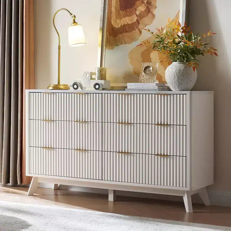 Commode à 6 tiroirs cannelée pour chambre à coucher, commode moderne avec poignées en métal, profil incurvé, organisateur de rangement en bois
