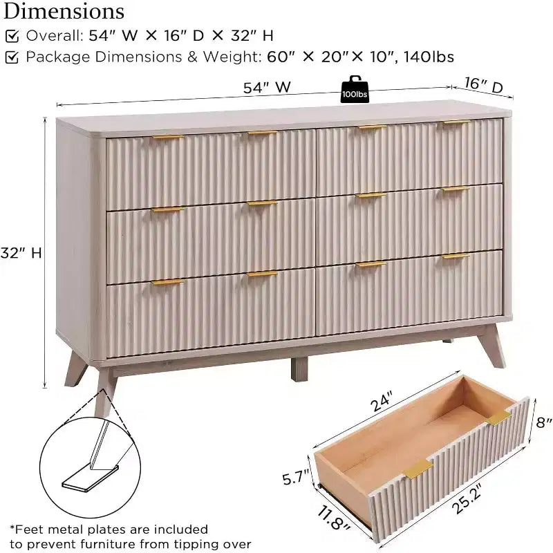 Commode à 6 tiroirs cannelée pour chambre à coucher, commode moderne avec poignées en métal, profil incurvé, organisateur de rangement en bois