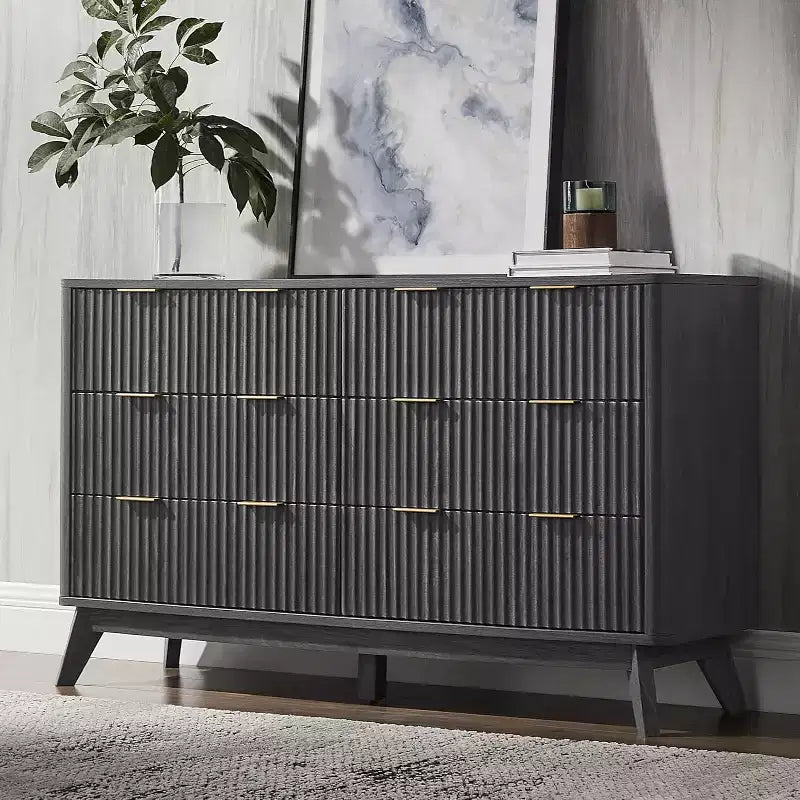 Commode à 6 tiroirs cannelée pour chambre à coucher, commode moderne avec poignées en métal, profil incurvé, organisateur de rangement en bois