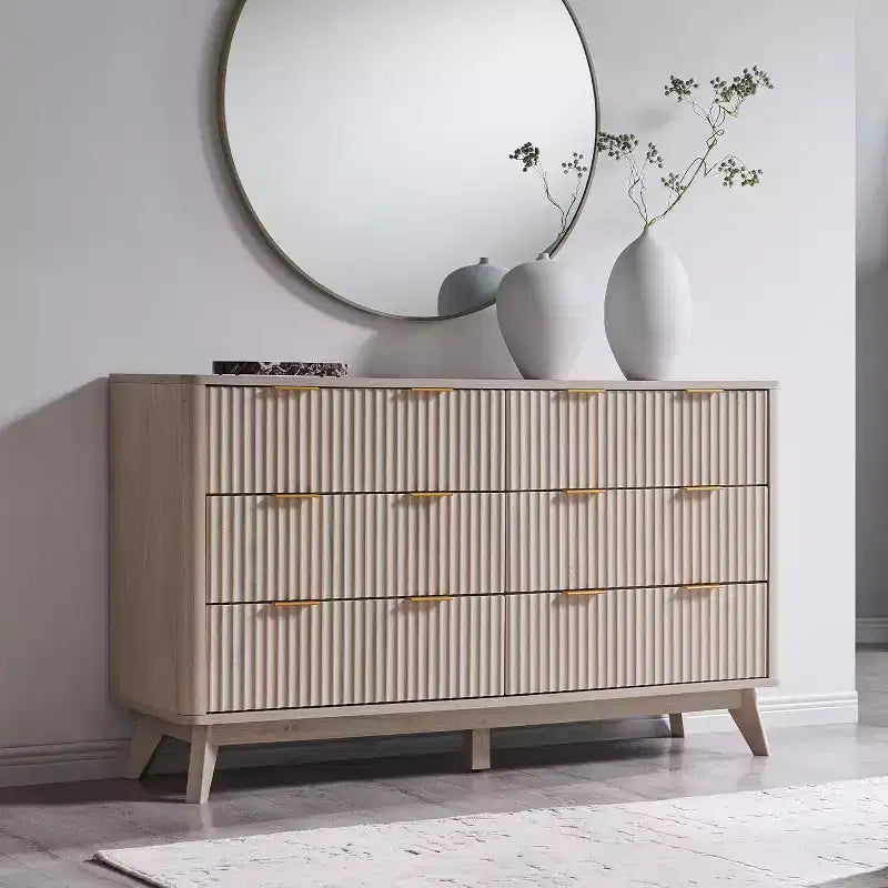 Commode à 6 tiroirs cannelée pour chambre à coucher, commode moderne avec poignées en métal, profil incurvé, organisateur de rangement en bois