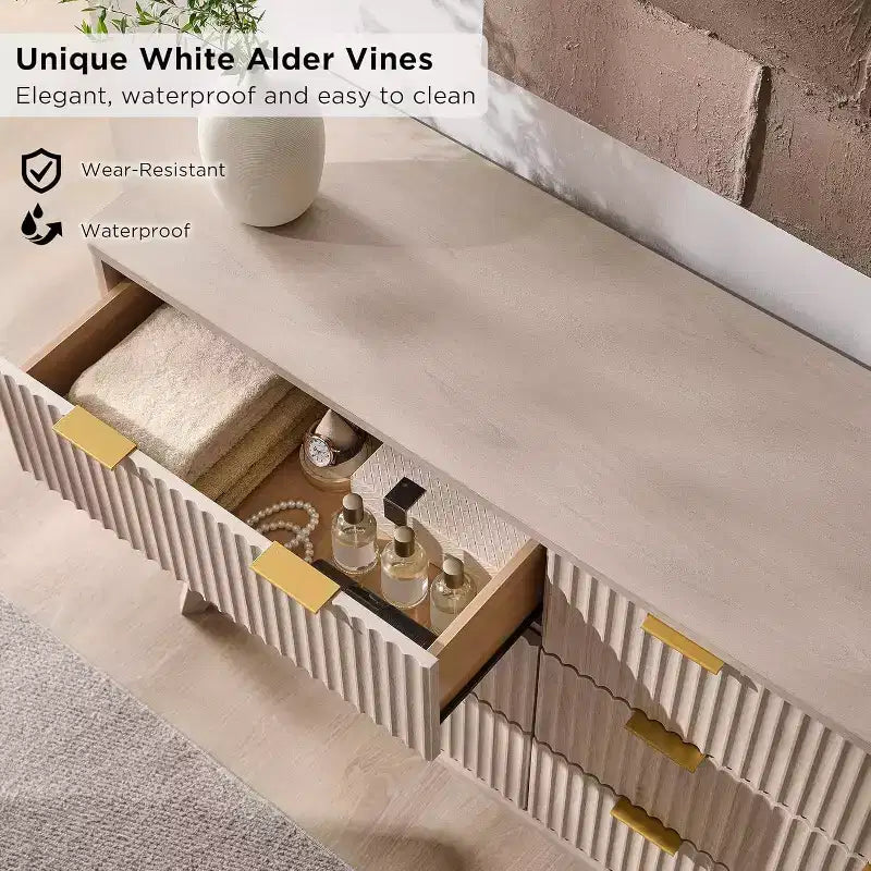 Commode à 6 tiroirs cannelée pour chambre à coucher, commode moderne avec poignées en métal, profil incurvé, organisateur de rangement en bois