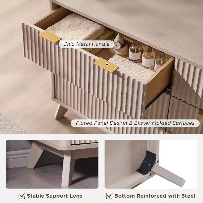 Commode à 6 tiroirs cannelée pour chambre à coucher, commode moderne avec poignées en métal, profil incurvé, organisateur de rangement en bois