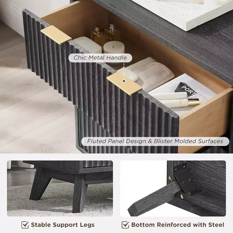 Commode à 6 tiroirs cannelée pour chambre à coucher, commode moderne avec poignées en métal, profil incurvé, organisateur de rangement en bois