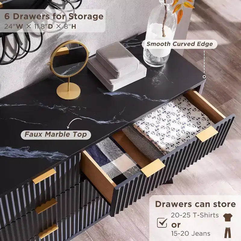 Commode à 6 tiroirs cannelée pour chambre à coucher, commode moderne avec poignées en métal, profil incurvé, organisateur de rangement en bois