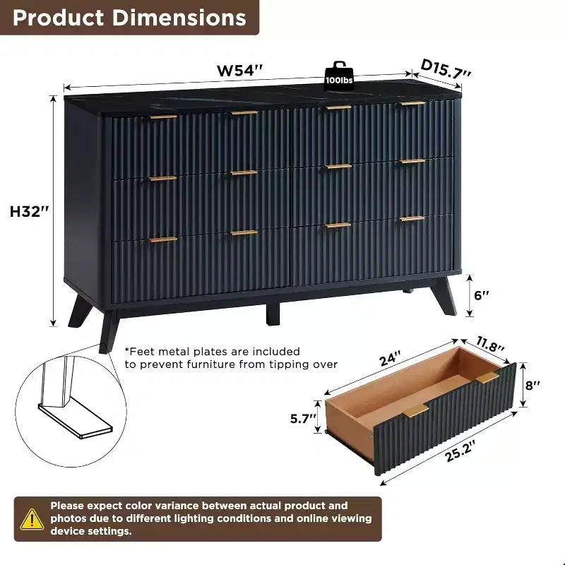 Commode à 6 tiroirs cannelée pour chambre à coucher, commode moderne avec poignées en métal, profil incurvé, organisateur de rangement en bois