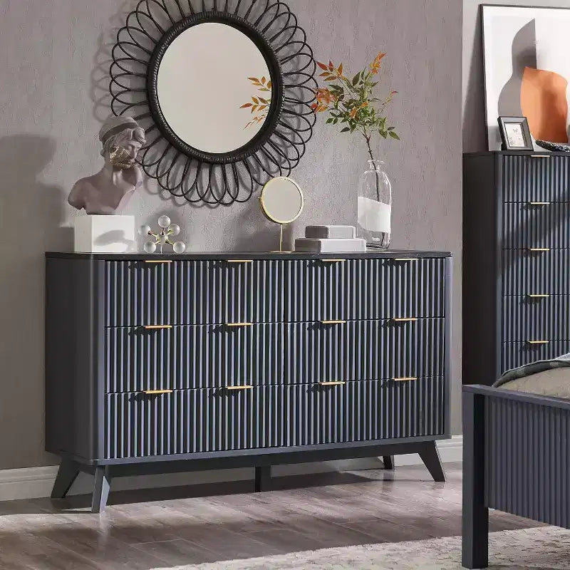 Commode à 6 tiroirs cannelée pour chambre à coucher, commode moderne avec poignées en métal, profil incurvé, organisateur de rangement en bois