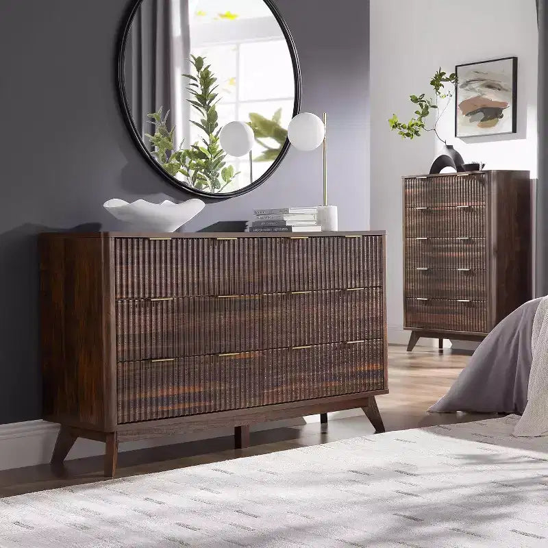 Commode à 6 tiroirs cannelée pour chambre à coucher, commode moderne avec poignées en métal, profil incurvé, organisateur de rangement en bois