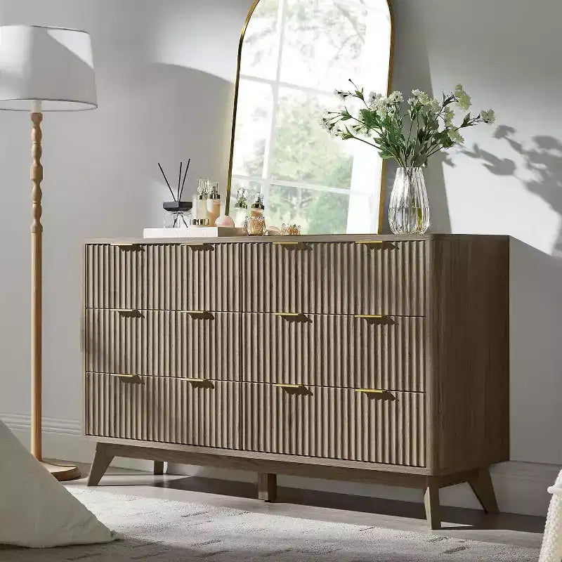 Commode à 6 tiroirs cannelée pour chambre à coucher, commode moderne avec poignées en métal, profil incurvé, organisateur de rangement en bois