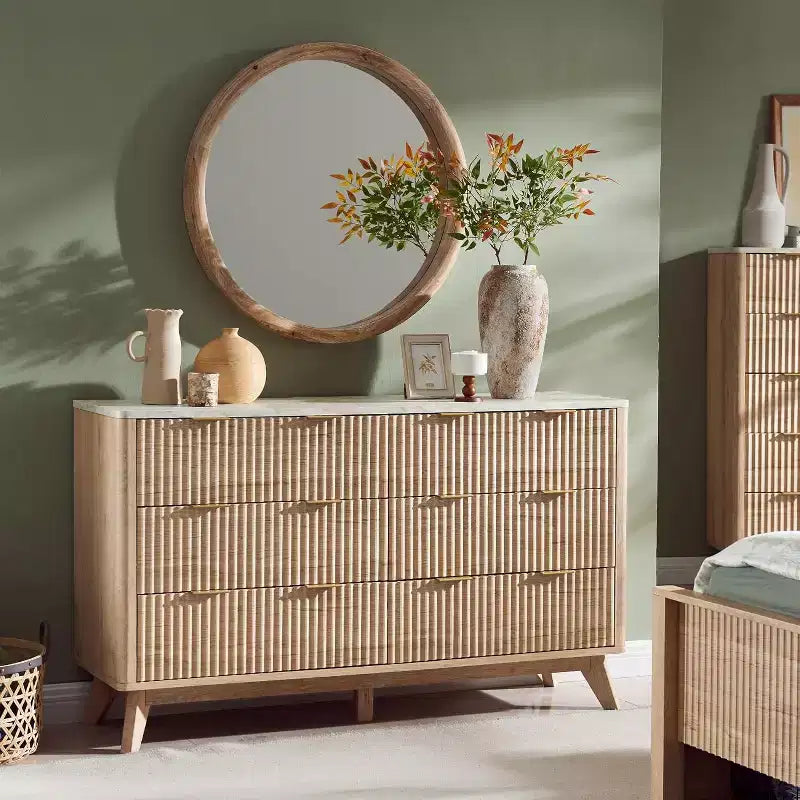 Commode à 6 tiroirs cannelée pour chambre à coucher, commode moderne avec poignées en métal, profil incurvé, organisateur de rangement en bois