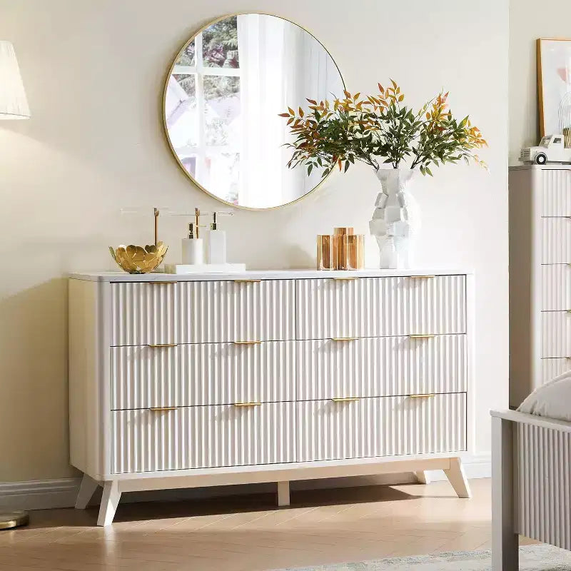 Commode à 6 tiroirs cannelée pour chambre à coucher, commode moderne avec poignées en métal, profil incurvé, organisateur de rangement en bois