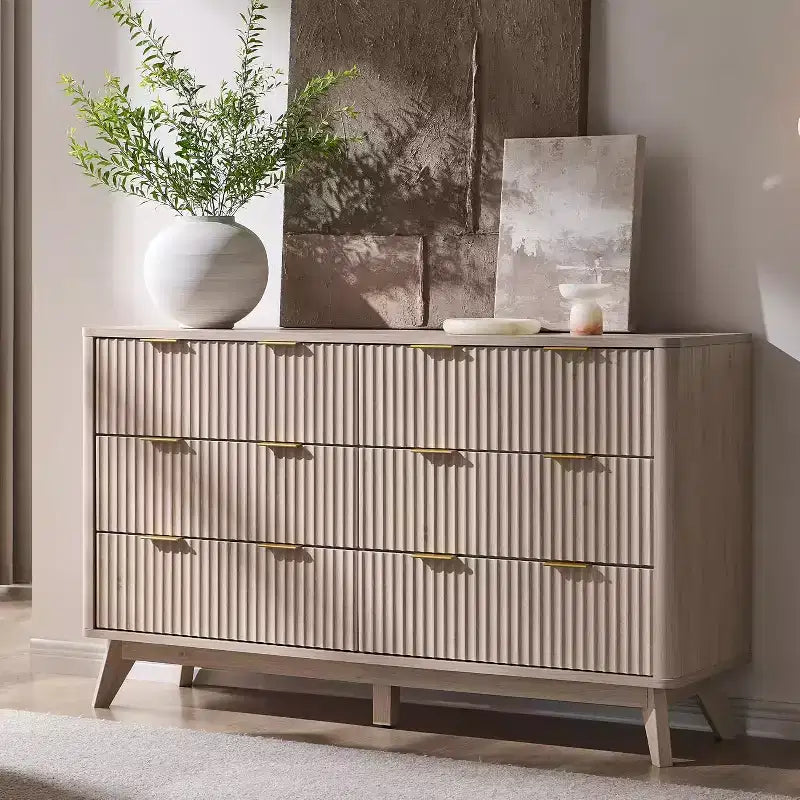 Commode à 6 tiroirs cannelée pour chambre à coucher, commode moderne avec poignées en métal, profil incurvé, organisateur de rangement en bois