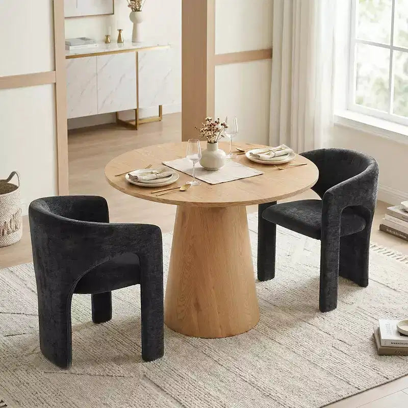 Ensemble table à manger ronde avec 2 fauteuils en chenille, table piédestal moderne et chaises rembourrées avec dossier et accoudoirs complets - Panipeachy