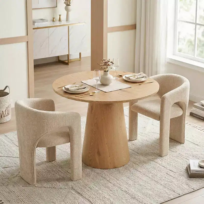 Ensemble table à manger ronde avec 2 fauteuils en chenille, table piédestal moderne et chaises rembourrées avec dossier et accoudoirs complets - Panipeachy
