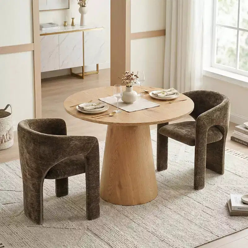 Ensemble table à manger ronde avec 2 fauteuils en chenille, table piédestal moderne et chaises rembourrées avec dossier et accoudoirs complets - Panipeachy