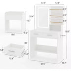 Coiffeuse avec miroir lumineux LED et prise de courant avec 3 modes de couleur et luminosité réglable, 2 tiroirs et 4 étagères de rangement, pour le maquillage, chambre à coucher