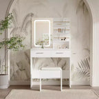 Coiffeuse avec miroir lumineux LED et prise de courant avec 3 modes de couleur et luminosité réglable, 2 tiroirs et 4 étagères de rangement, pour le maquillage, chambre à coucher