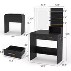 Coiffeuse avec miroir lumineux LED et prise de courant avec 3 modes de couleur et luminosité réglable, 2 tiroirs et 4 étagères de rangement, pour le maquillage, chambre à coucher