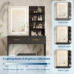 Coiffeuse avec miroir lumineux LED et prise de courant avec 3 modes de couleur et luminosité réglable, 2 tiroirs et 4 étagères de rangement, pour le maquillage, chambre à coucher