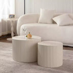 Lot de 2 tables d'appoint gigognes cylindriques beiges avec motif rayures ondulées pour salon ou chambre à coucher