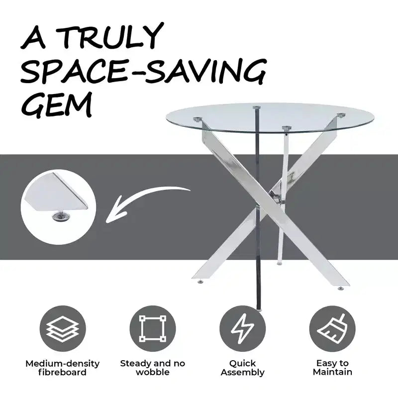 Table de salle à manger avec pieds croisés en métal et plateau en verre trempé, design moderne peu encombrant pour la cuisine ou le salon