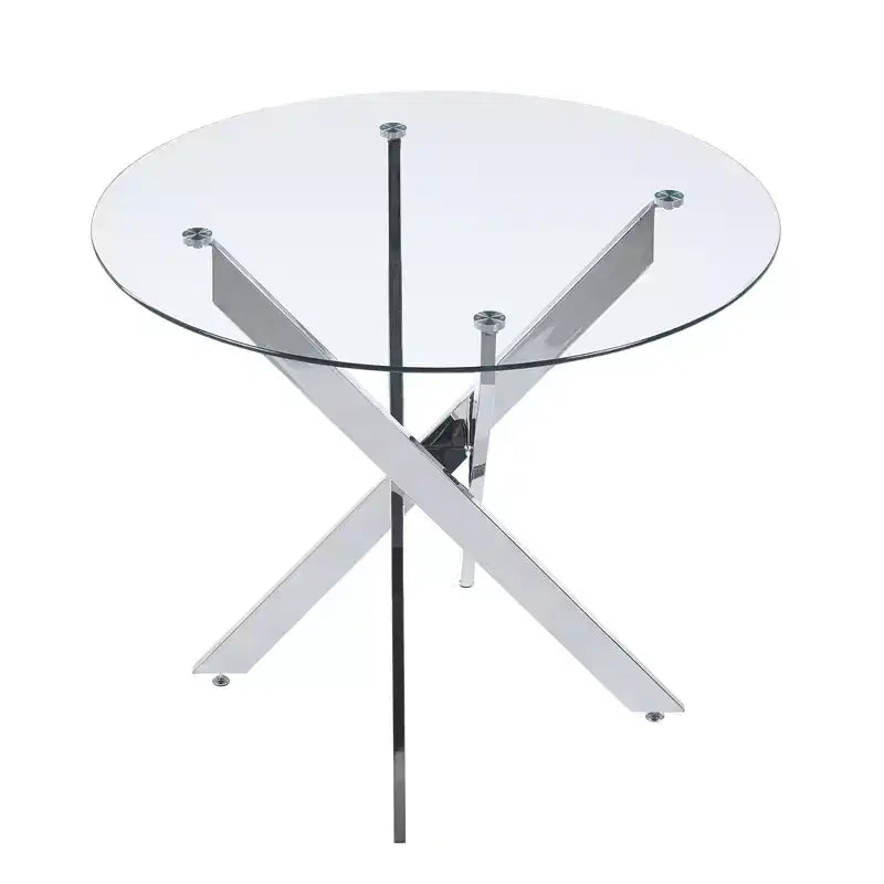 Table de salle à manger avec pieds croisés en métal et plateau en verre trempé, design moderne peu encombrant pour la cuisine ou le salon