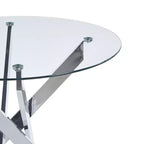 Table de salle à manger avec pieds croisés en métal et plateau en verre trempé, design moderne peu encombrant pour la cuisine ou le salon
