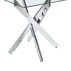 Table à manger avec pieds croisés en métal et plateau en verre trempé, 90x90x75cm, design moderne et peu encombrant pour cuisine ou salon