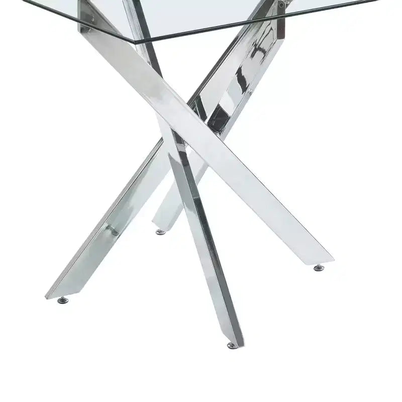 Table à manger avec pieds croisés en métal et plateau en verre trempé, 90x90x75cm, design moderne et peu encombrant pour cuisine ou salon