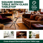 Table à manger avec pieds croisés en métal et plateau en verre trempé, 90x90x75cm, design moderne et peu encombrant pour cuisine ou salon