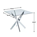 Table à manger avec pieds croisés en métal et plateau en verre trempé, 90x90x75cm, design moderne et peu encombrant pour cuisine ou salon