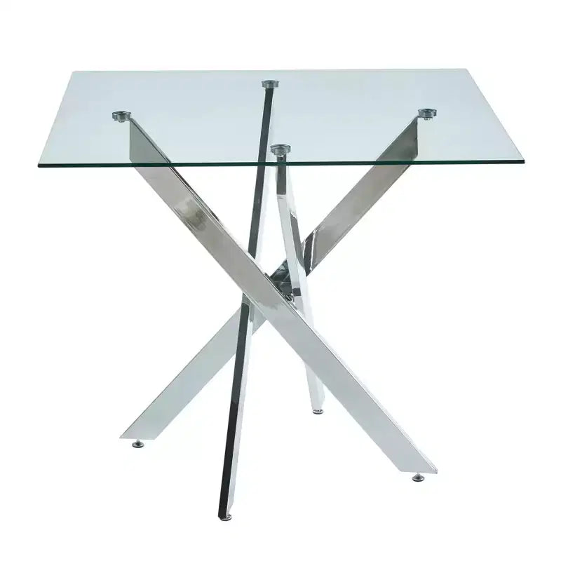 Table à manger avec pieds croisés en métal et plateau en verre trempé, 90x90x75cm, design moderne et peu encombrant pour cuisine ou salon
