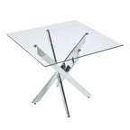 Table à manger avec pieds croisés en métal et plateau en verre trempé, 90x90x75cm, design moderne et peu encombrant pour cuisine ou salon