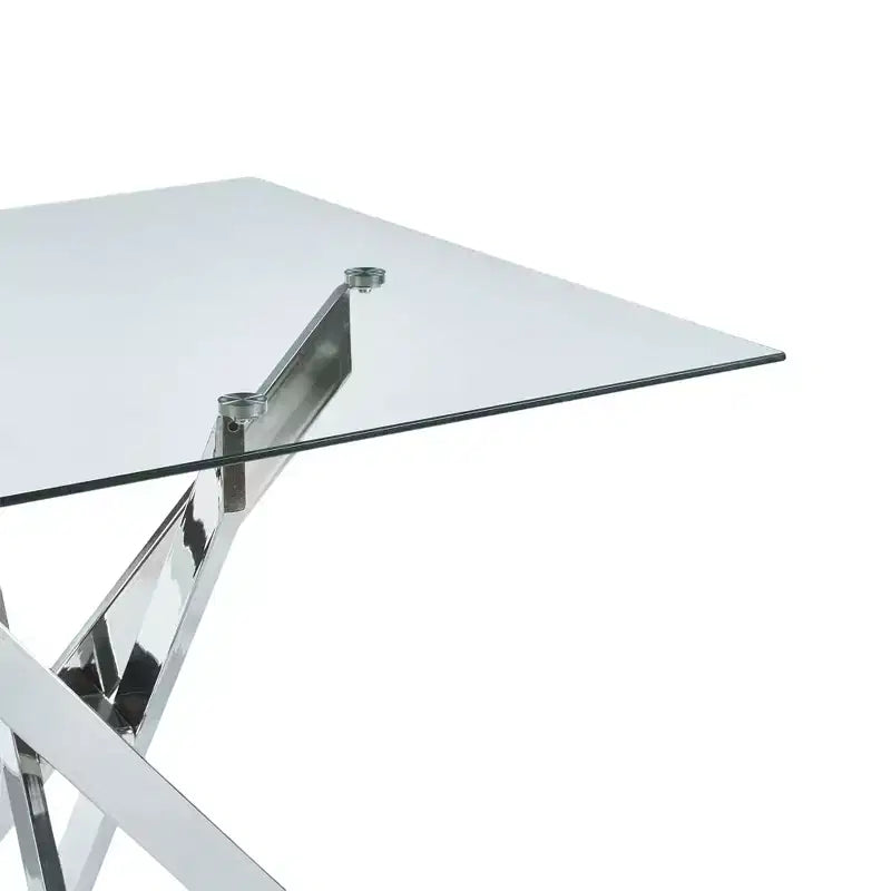 Table à manger avec pieds croisés en métal et plateau en verre trempé, 90x90x75cm, design moderne et peu encombrant pour cuisine ou salon