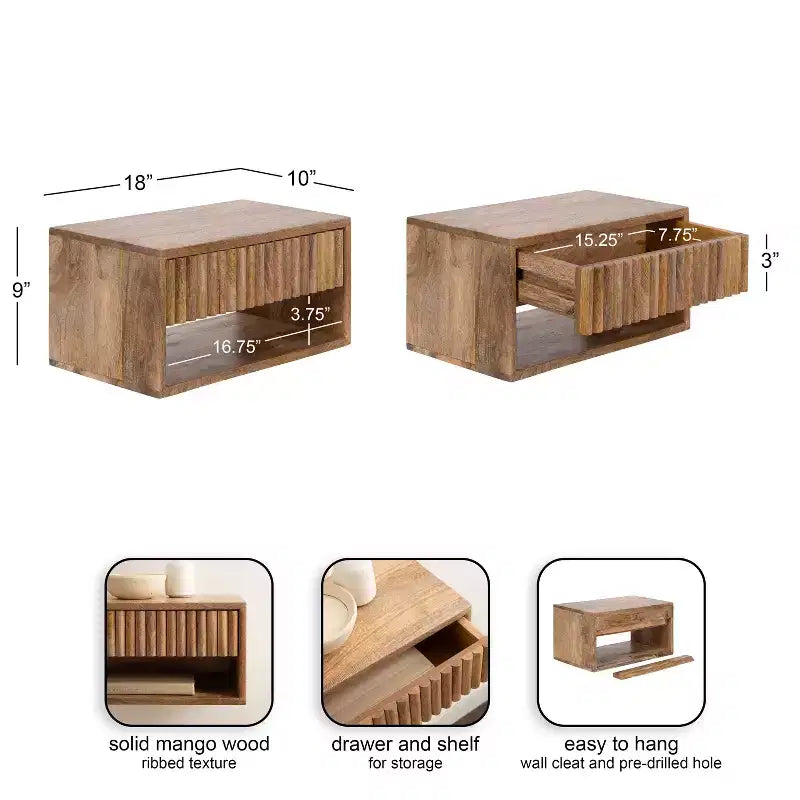 Table d'appoint flottante en bois Kate and Laurel Reid avec rangement ouvert, 18x10x9, Naturel
