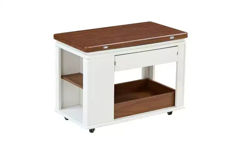 Table basse moderne multifonctionnelle JVNOXK de 70 cm, table d'appoint de rangement multi-niveaux avec plateau pliable et roulettes lisses, blanc et noyer