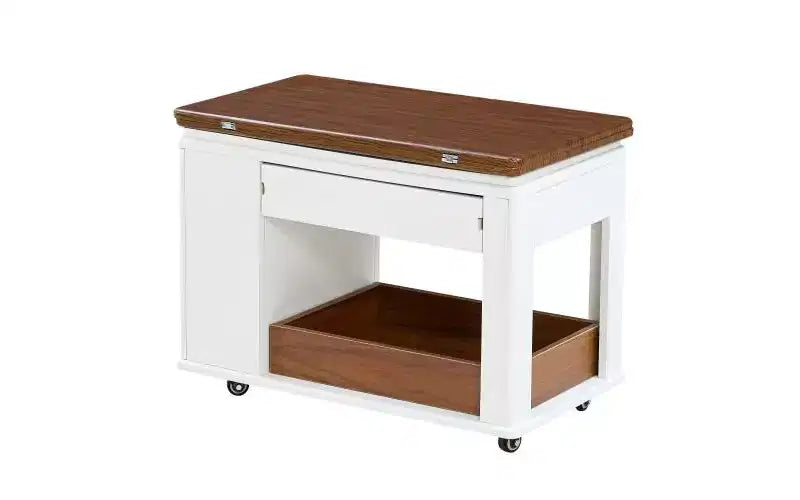 Table basse moderne multifonctionnelle JVNOXK de 70 cm, table d'appoint de rangement multi-niveaux avec plateau pliable et roulettes lisses, blanc et noyer
