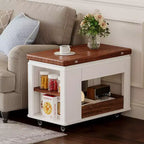 Table basse moderne multifonctionnelle JVNOXK de 70 cm, table d'appoint de rangement multi-niveaux avec plateau pliable et roulettes lisses, blanc et noyer