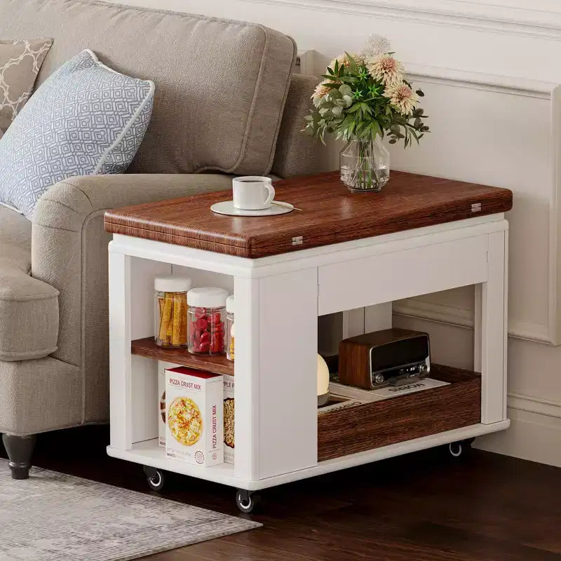 Table basse moderne multifonctionnelle JVNOXK de 70 cm, table d'appoint de rangement multi-niveaux avec plateau pliable et roulettes lisses, blanc et noyer