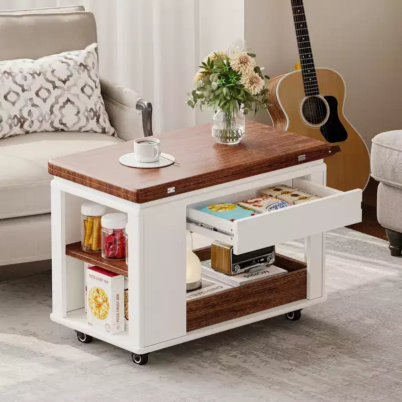 Table basse moderne multifonctionnelle JVNOXK de 70 cm, table d'appoint de rangement multi-niveaux avec plateau pliable et roulettes lisses, blanc et noyer