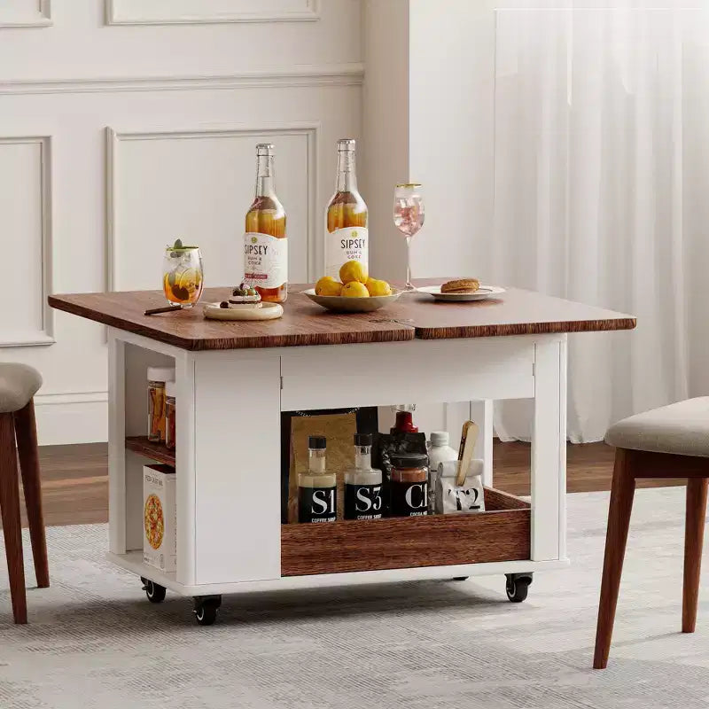 Table basse moderne multifonctionnelle JVNOXK de 70 cm, table d'appoint de rangement multi-niveaux avec plateau pliable et roulettes lisses, blanc et noyer