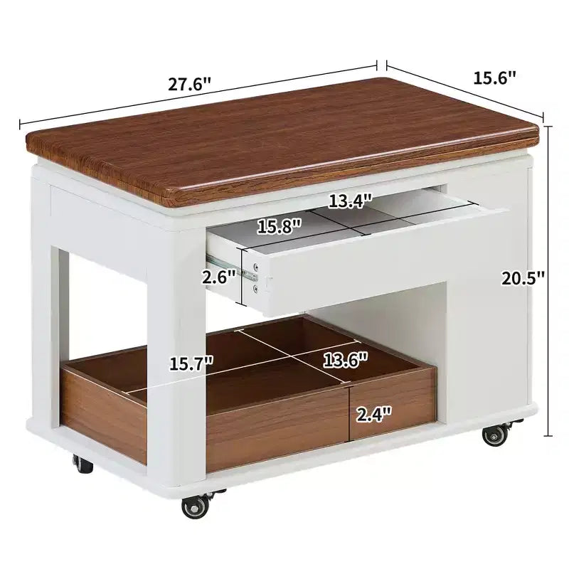 Table basse moderne multifonctionnelle JVNOXK de 70 cm, table d'appoint de rangement multi-niveaux avec plateau pliable et roulettes lisses, blanc et noyer
