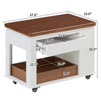 Table basse moderne multifonctionnelle JVNOXK de 70 cm, table d'appoint de rangement multi-niveaux avec plateau pliable et roulettes lisses, blanc et noyer