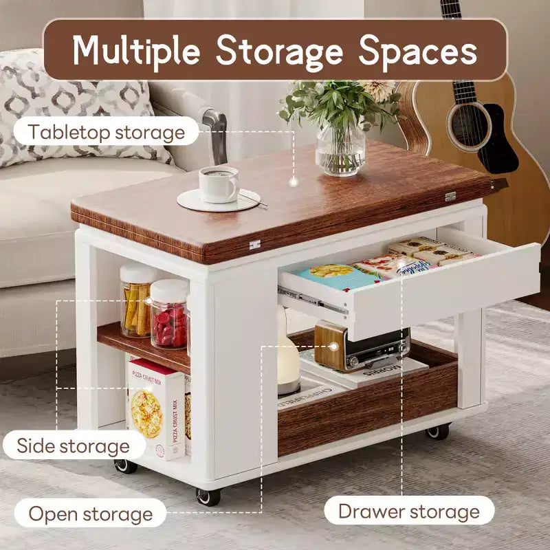 Table basse moderne multifonctionnelle JVNOXK de 70 cm, table d'appoint de rangement multi-niveaux avec plateau pliable et roulettes lisses, blanc et noyer